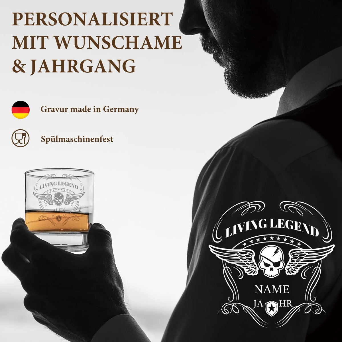 Personalisiertes Whiskey Glas "LIVING LEGEND" - Wunschname und Geburtsjahr - FOTOFOL