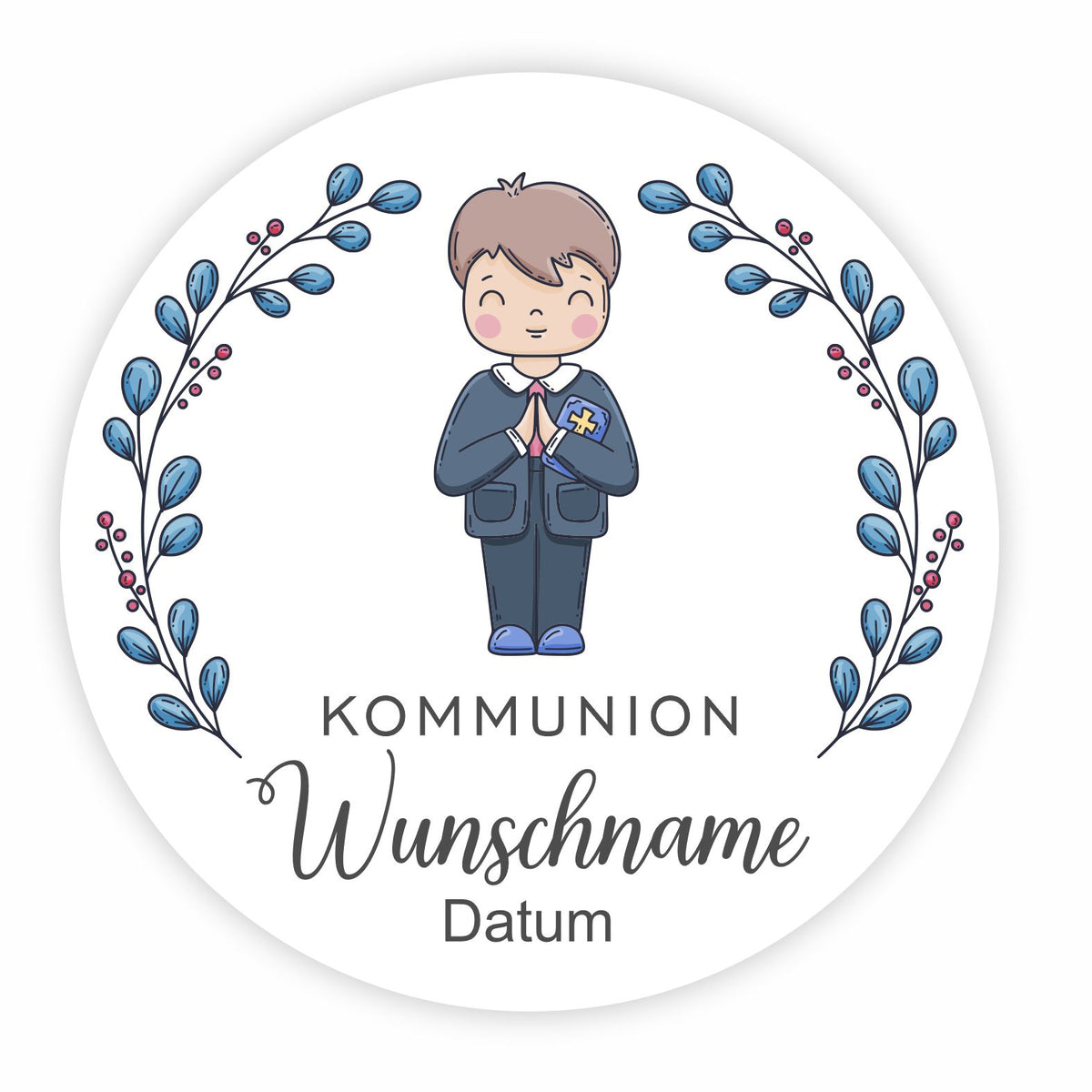 Personalisierte Aufkleber Kommunion "Junge"  mit Namen und Datum - 24 Stück - 4,5cm - FOTOFOL