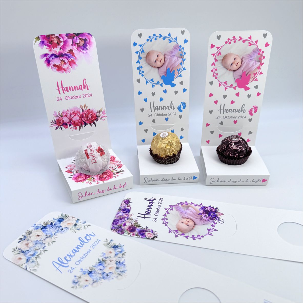 Aufsteller für Gastgeschenke personalisiert - blaue Herzen - FOTOFOL