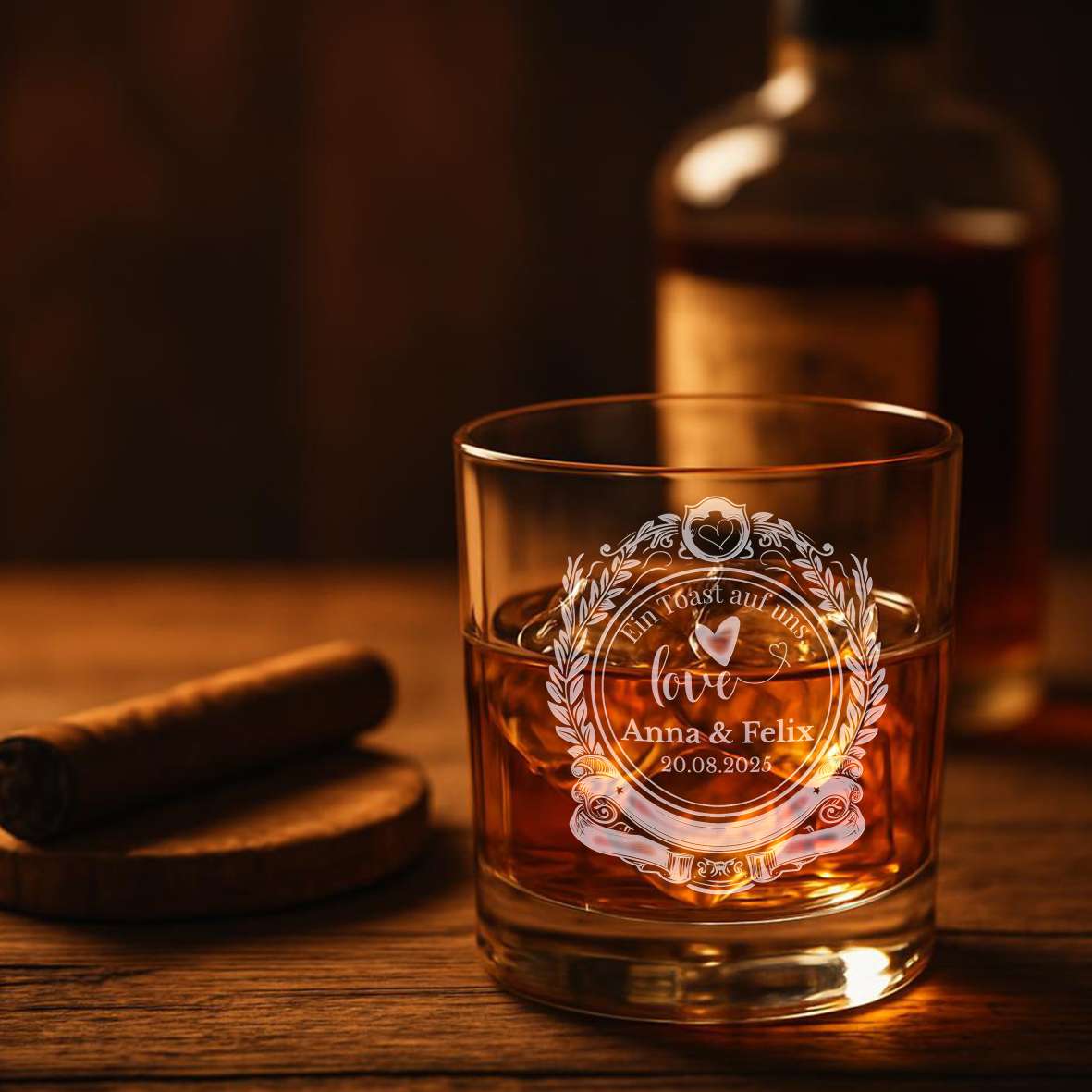 Personalisiertes Whiskey Glas "Ein Toast auf uns" - Wunschnamen und Datum - FOTOFOL