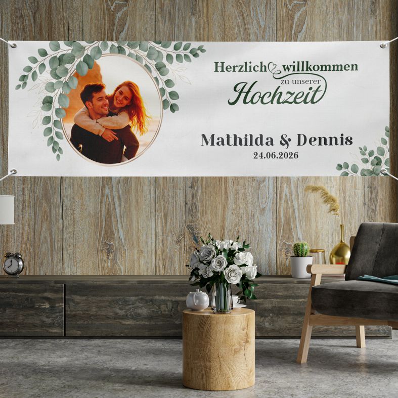 FOTOFOL - Hochzeitsbanner, Banner Hochzeit, personalisiertes Banner, Hochzeitsdeko, Willkommensschild Hochzeit, Eingangsschild Hochzeit, Banner mit Foto, Hochzeitsdekoration, personalisierte Geschenke, Trauung, Hochzeitsfeier, Eukalyptus Deko, Banner mit Namen, Banner mit Datum, Hochzeitsplanung, Dekoration Location