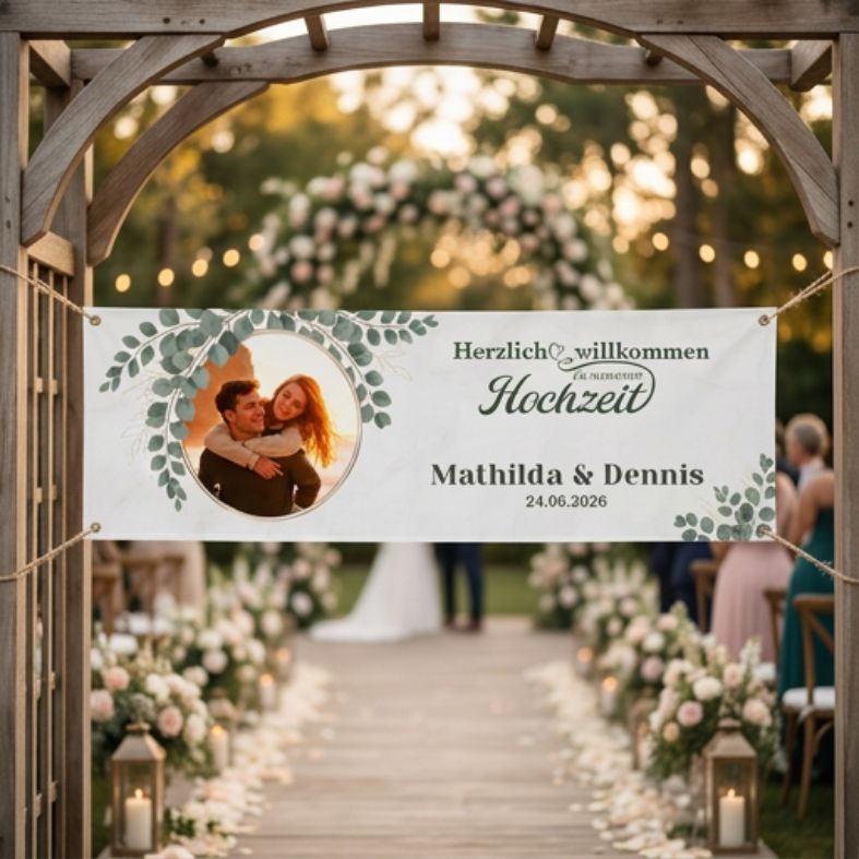 FOTOFOL - Hochzeitsbanner, Banner Hochzeit, personalisiertes Banner, Hochzeitsdeko, Willkommensschild Hochzeit, Eingangsschild Hochzeit, Banner mit Foto, Hochzeitsdekoration, personalisierte Geschenke, Trauung, Hochzeitsfeier, Eukalyptus Deko, Banner mit Namen, Banner mit Datum, Hochzeitsplanung, Dekoration Location