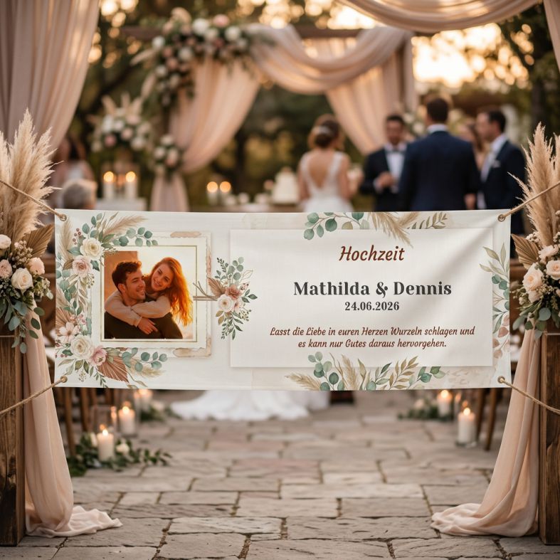 FOTOFOL - Hochzeitsbanner, Boho Hochzeit, Banner Boho, personalisiertes Banner, Willkommensschild Hochzeit, Hochzeitsdeko Boho, Pampasgras Deko, Trockenblumen Hochzeit, Banner mit Foto, Vintage Hochzeit, Hochzeitsdekoration, personalisiert, Trauung, Scheunenhochzeit, Freie Trauung, Dekoration Hochzeit, Banner mit Namen