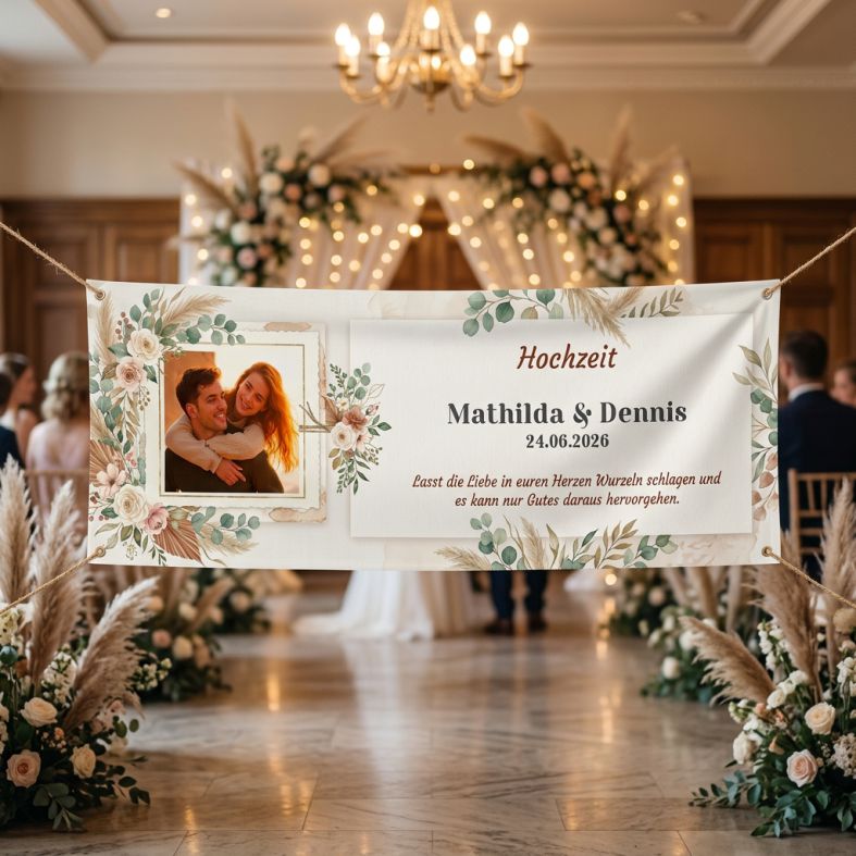 FOTOFOL - Hochzeitsbanner, Boho Hochzeit, Banner Boho, personalisiertes Banner, Willkommensschild Hochzeit, Hochzeitsdeko Boho, Pampasgras Deko, Trockenblumen Hochzeit, Banner mit Foto, Vintage Hochzeit, Hochzeitsdekoration, personalisiert, Trauung, Scheunenhochzeit, Freie Trauung, Dekoration Hochzeit, Banner mit Namen