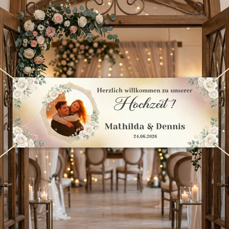 Fotofol - Hochzeitsbanner, Banner Hochzeit, romantische Hochzeit, personalisiertes Banner, Willkommensschild Hochzeit, elegante Hochzeitsdeko, Banner mit Foto, Vintage Hochzeit, Deko weiße Rosen, klassische Hochzeit, Hochzeitsdekoration, personalisiert, Trauung, Hochzeitsfeier, Dekoration Location, Banner mit Namen, Eingangsschild Hochzeit