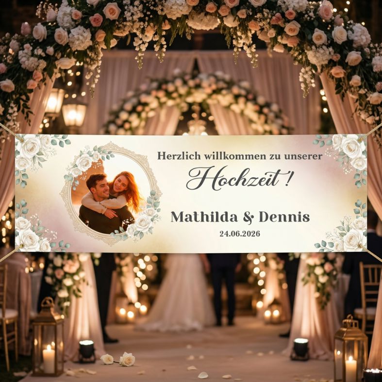 Fotofol - Hochzeitsbanner, Banner Hochzeit, romantische Hochzeit, personalisiertes Banner, Willkommensschild Hochzeit, elegante Hochzeitsdeko, Banner mit Foto, Vintage Hochzeit, Deko weiße Rosen, klassische Hochzeit, Hochzeitsdekoration, personalisiert, Trauung, Hochzeitsfeier, Dekoration Location, Banner mit Namen, Eingangsschild Hochzeit