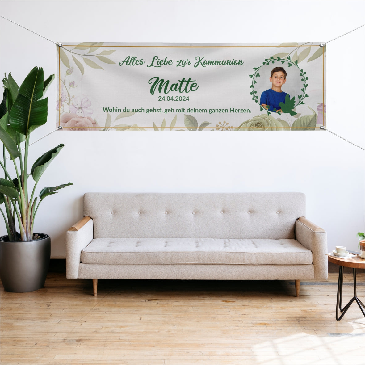 Taufe / Kommunion Banner  personalisiert mit Foto und Wunschname - Grün - FOTOFOL