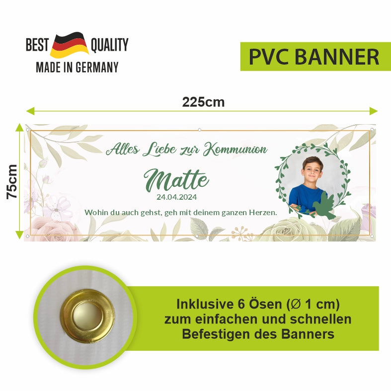 Taufe / Kommunion Banner  personalisiert mit Foto und Wunschname - Grün - FOTOFOL
