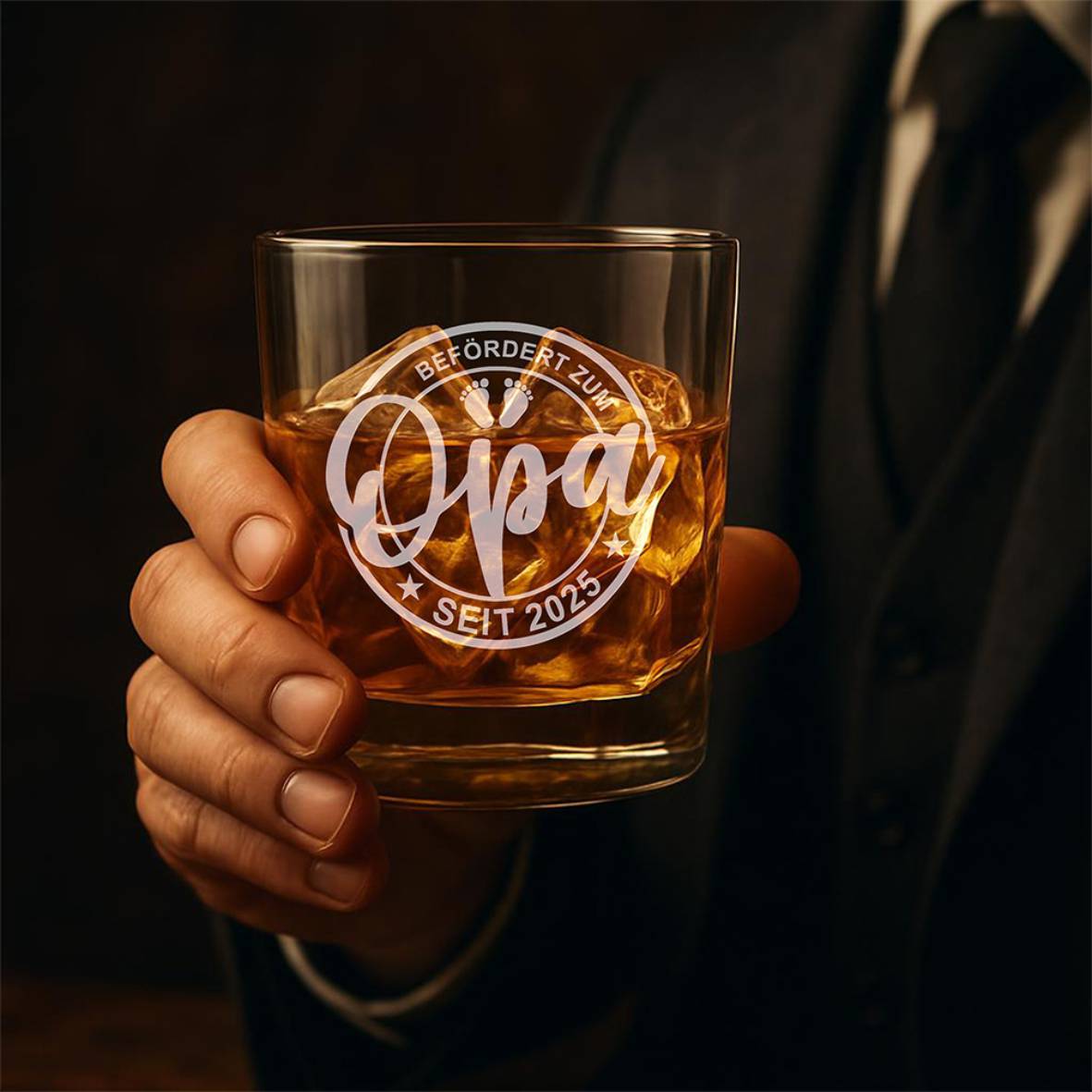 Personalisiertes Whiskey Glas "Befördert zum Opa" mit Geburtsjahr - FOTOFOL