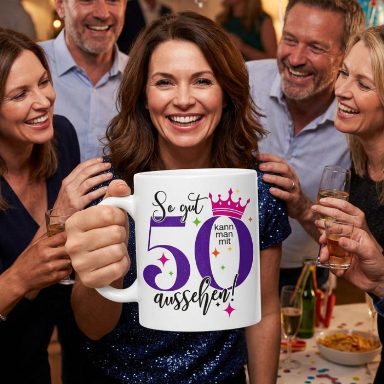 FOTOFOL - Personalisierte Tasse zum 50. Geburtstag | Individuelles Geschenk mit Namen | Spruch "So gut kann man mit 50 aussehen"