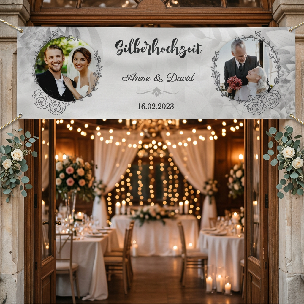 FOTOFOL- Personalisiertes Banner zur Hochzeit mit Fotos, Namen, Datum und Wunschtext - Hochzeitsbanner, Silberhochzeit, Goldhochzeit -Dekoration - Jubiläumsbanner - 225x75cm oder 150x50cm
