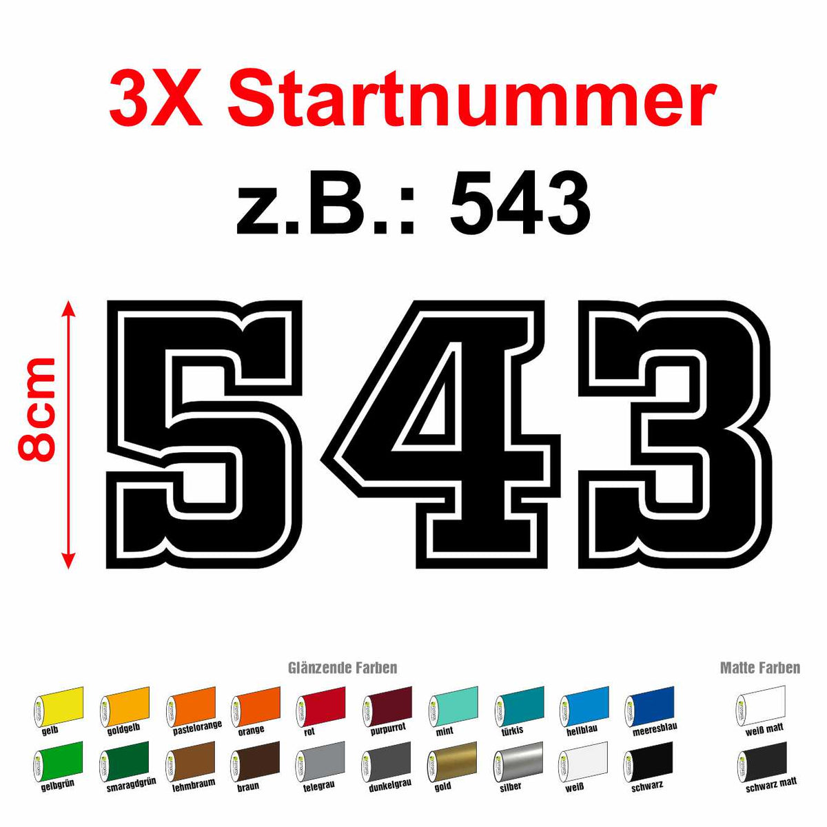 Aufkleber 3x STARTNUMMER - 8cm hoch - Wunschnummer - Motocross, Auto, Enduro, Motorrad - FOTOFOL