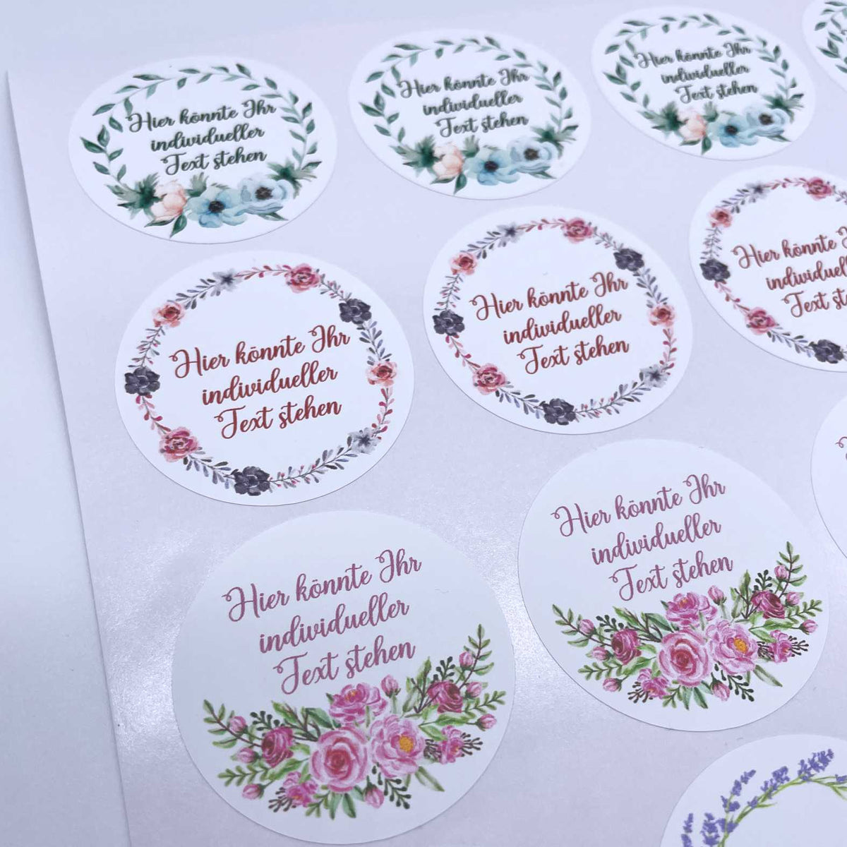 Personalisierte Aufkleber  "Rosa Blau Blumenkranz"- 24 Stück - 4,5cm - FOTOFOL