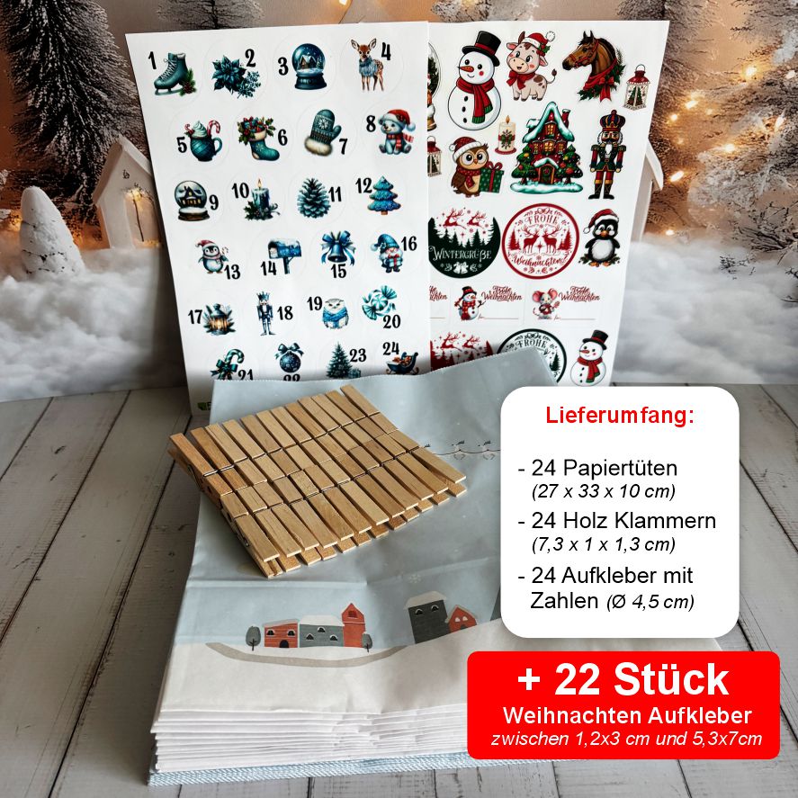 Adventskalender Set L – 24 Geschenktüten 27 x 33 x 10  cm mit Zahlen & Klammern - FOTOFOL