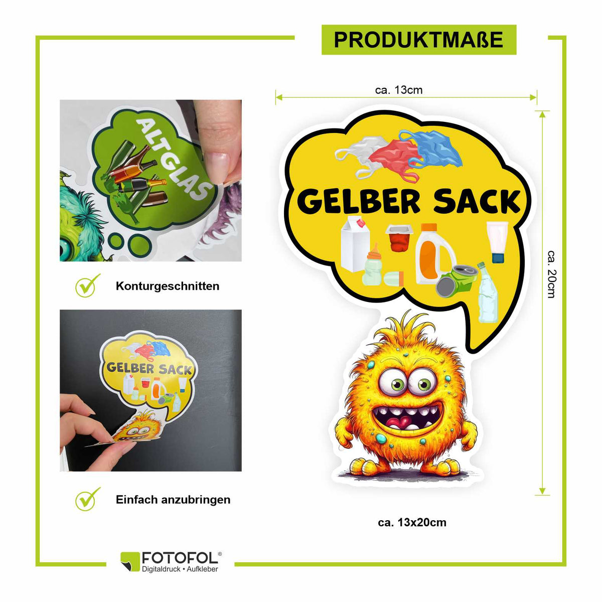 Lustige Aufkleber Monster Set  Mülltrennung - Gelber Sack, Altglas, Altpapier, Restmüll, Biomüll- für Innen - FOTOFOL