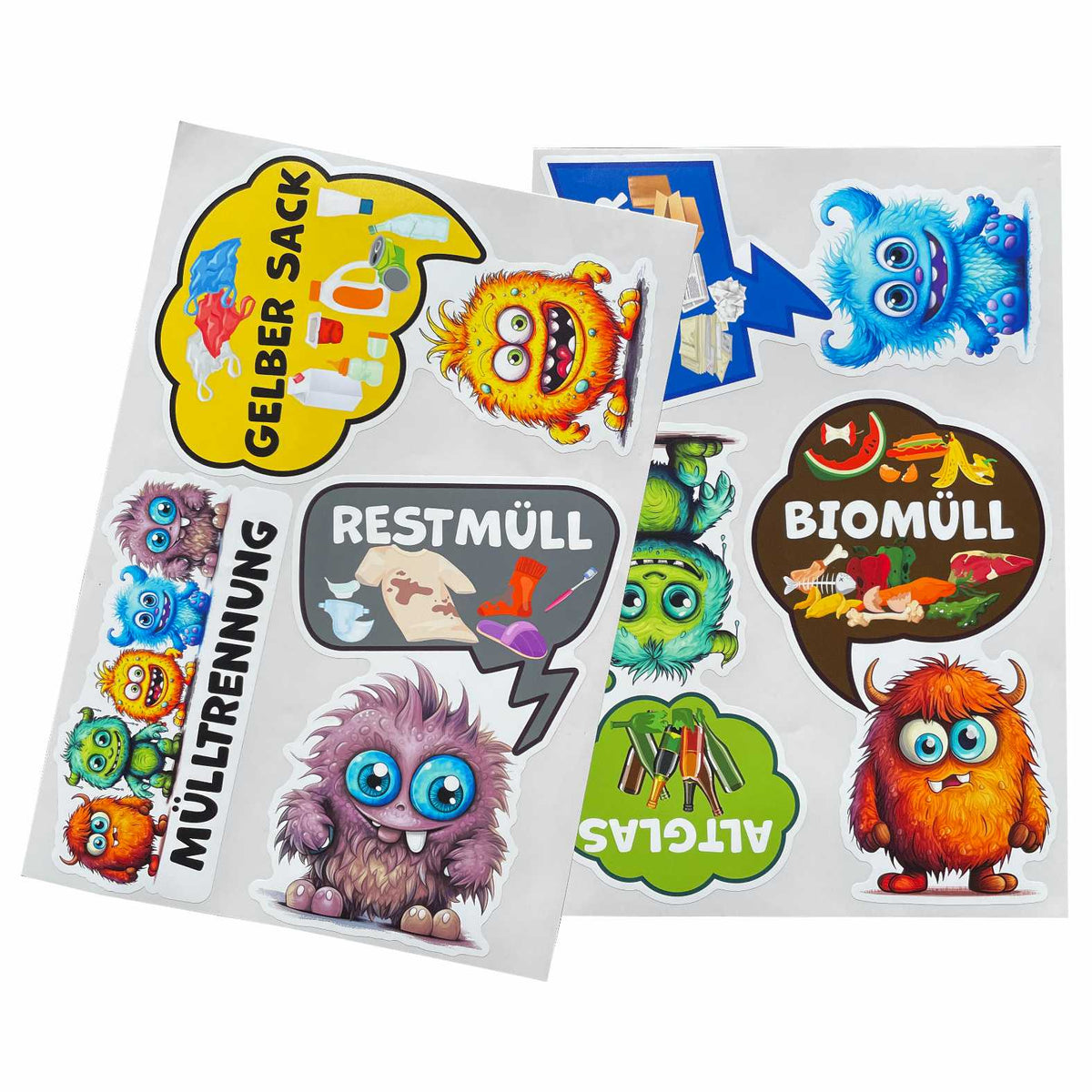 Lustige Aufkleber Monster Set  Mülltrennung - Gelber Sack, Altglas, Altpapier, Restmüll, Biomüll- für Innen - FOTOFOL