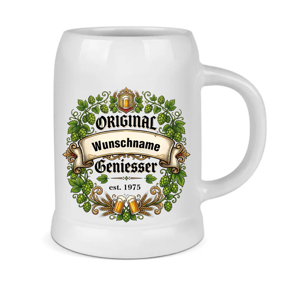 FOTOFOL - Bierkrug personalisiert mit Namen, Bierkrug mit Jahreszahl, Bierkrug bedrucken individuell, personalisierte Biergeschenke Männer, Geschenk für Bierliebhaber, Bierkrug selbst gestalten, Bierkrug grau Keramik, Männergeschenk Bier personalisiert, Vatertagsgeschenk Bierkrug, Bierkrug 500ml mit Namen, Geburtstag Biergeschenk, Bierkrug Geniesser, originelle Biergeschenke, personalisierter Krug Deutschland, Bierkrug Hopfen Design