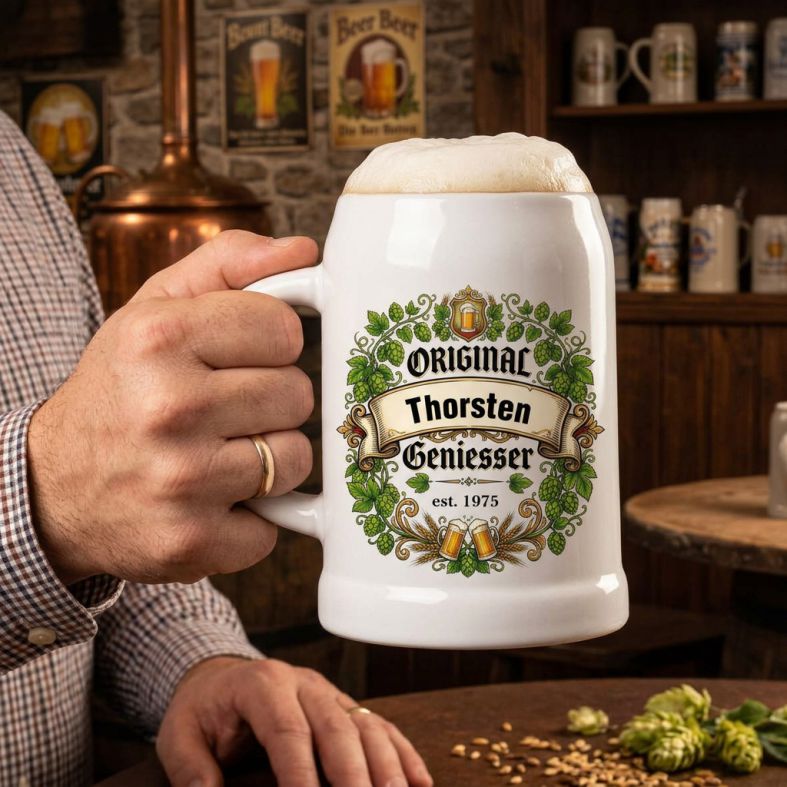 FOTOFOL - Bierkrug personalisiert mit Namen, Bierkrug mit Jahreszahl, Bierkrug bedrucken individuell, personalisierte Biergeschenke Männer, Geschenk für Bierliebhaber, Bierkrug selbst gestalten, Bierkrug grau Keramik, Männergeschenk Bier personalisiert, Vatertagsgeschenk Bierkrug, Bierkrug 500ml mit Namen, Geburtstag Biergeschenk, Bierkrug Geniesser, originelle Biergeschenke, personalisierter Krug Deutschland, Bierkrug Hopfen Design