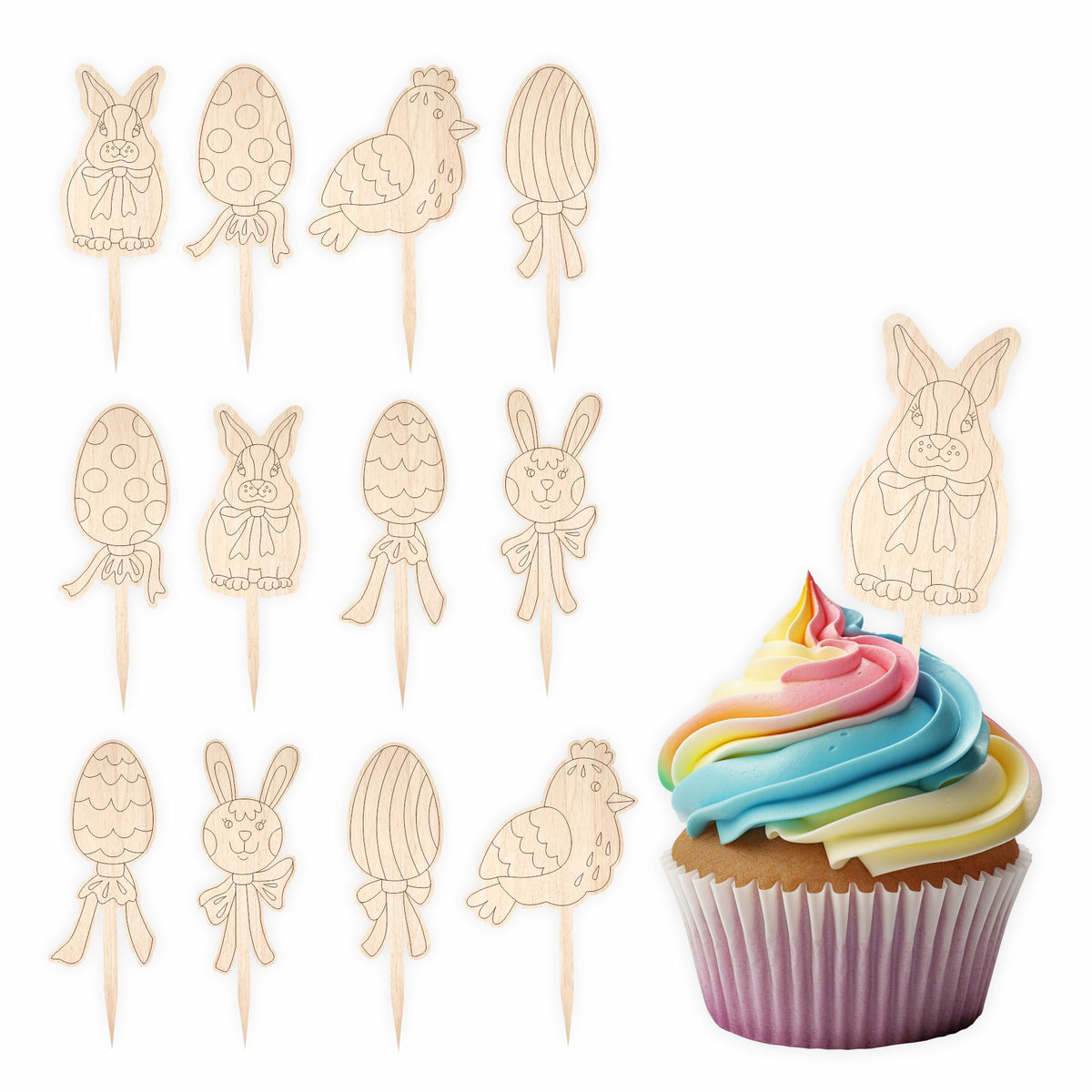 Cupcake Stecker 12er Set aus Holz - Ostern - FOTOFOL