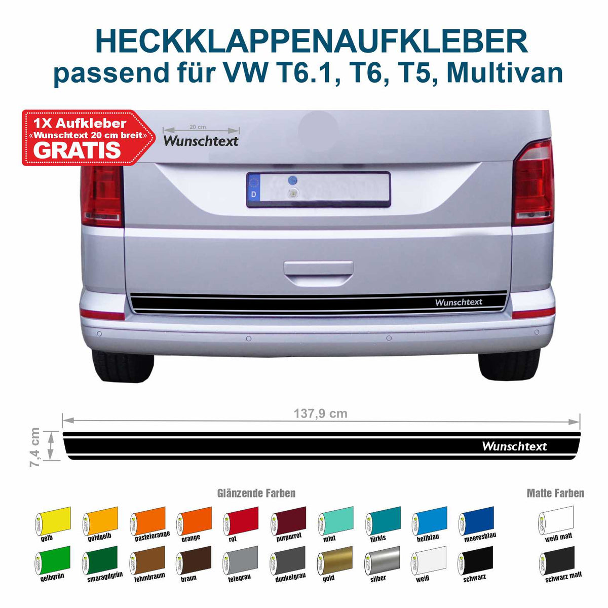 Heckklappen Heckstreifen  Aufkleber Wunschtext passend für VW T6.1 T6 T5 Multivan Bulli - Streifen 3 - FOTOFOL