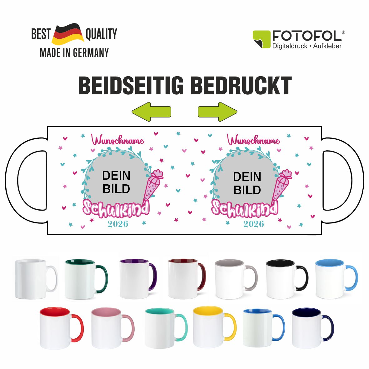 Tasse Einschulung 2026 mit Name und Bild Personalisieren Mädchen - FOTOFOL