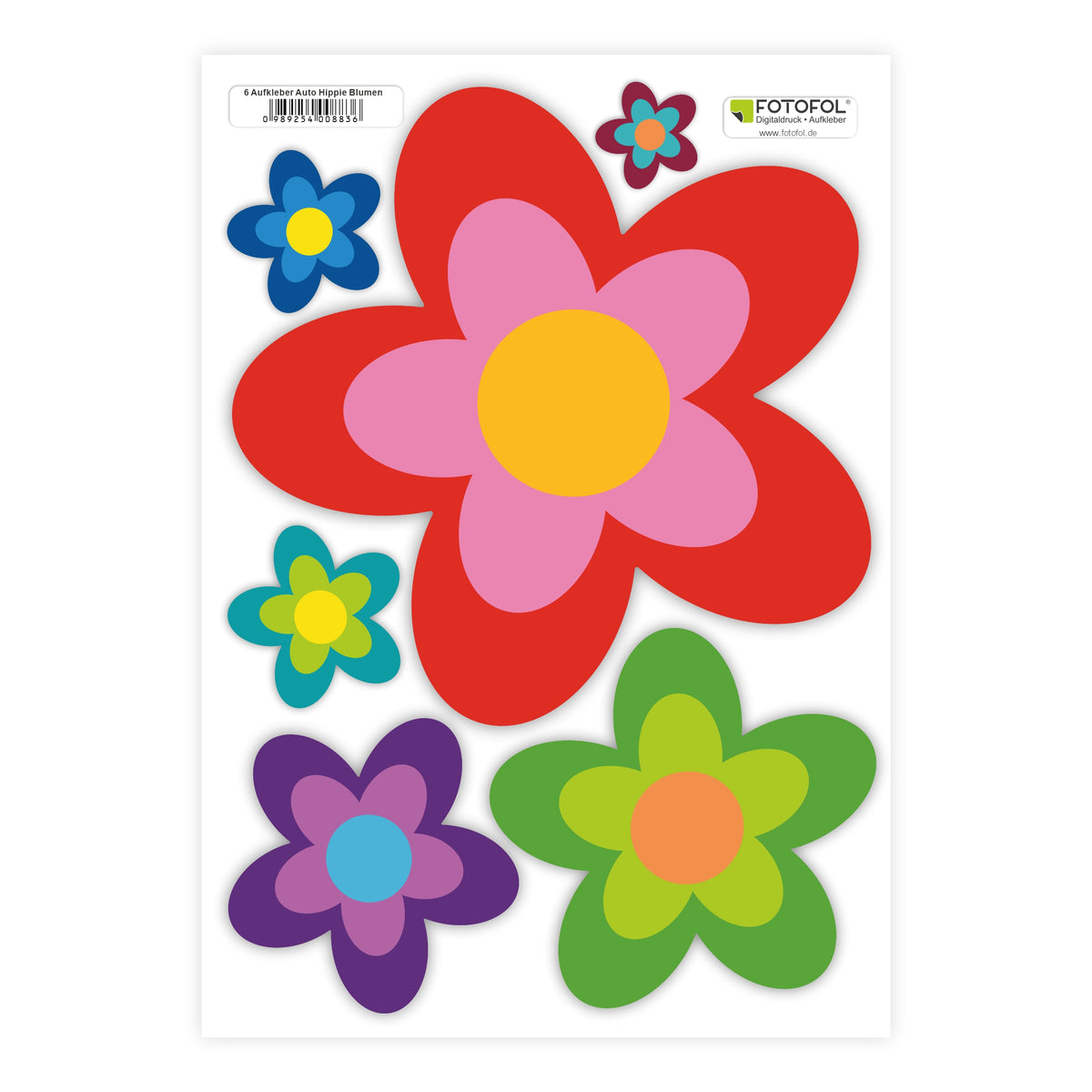 6 Aufkleber Auto Hippie Blumen - Sticker Flower Power Sommer - für Auto, Fahrzeuge, Roller, Moped, Motorrad-Helm - perfekt für VW Bulli California - FOTOFOL