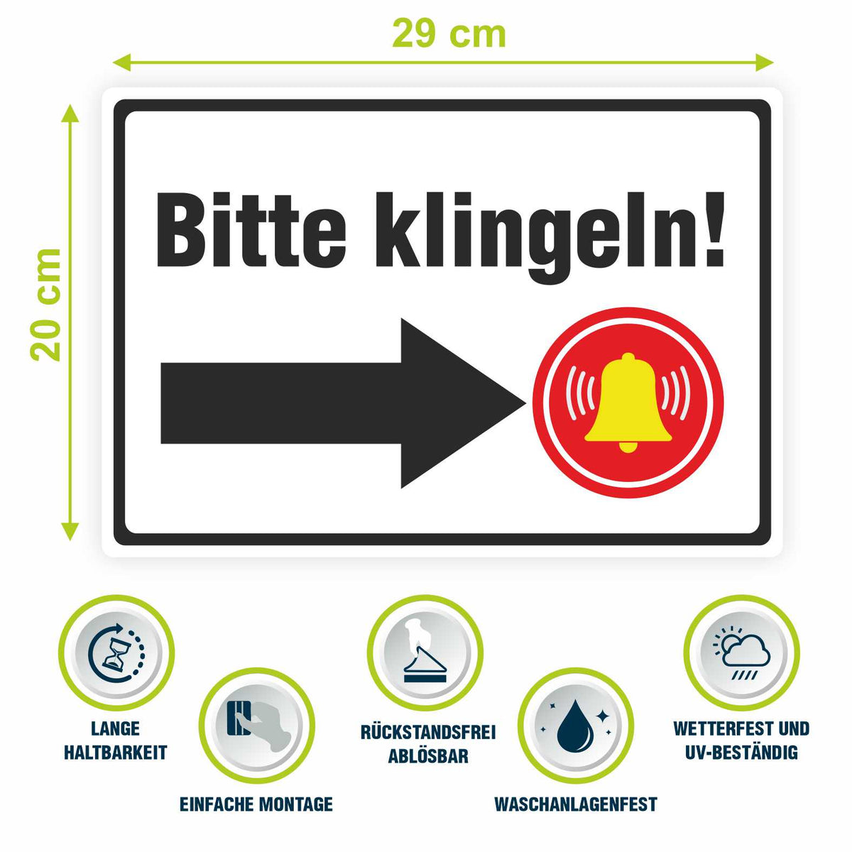 Aufkleber 29x20cm "Bitte klingeln - Pfeil rechts oder links"  - Hinweisaufkleber für den Innen- und Außenbereich - Folie selbstklebend - FOTOFOL