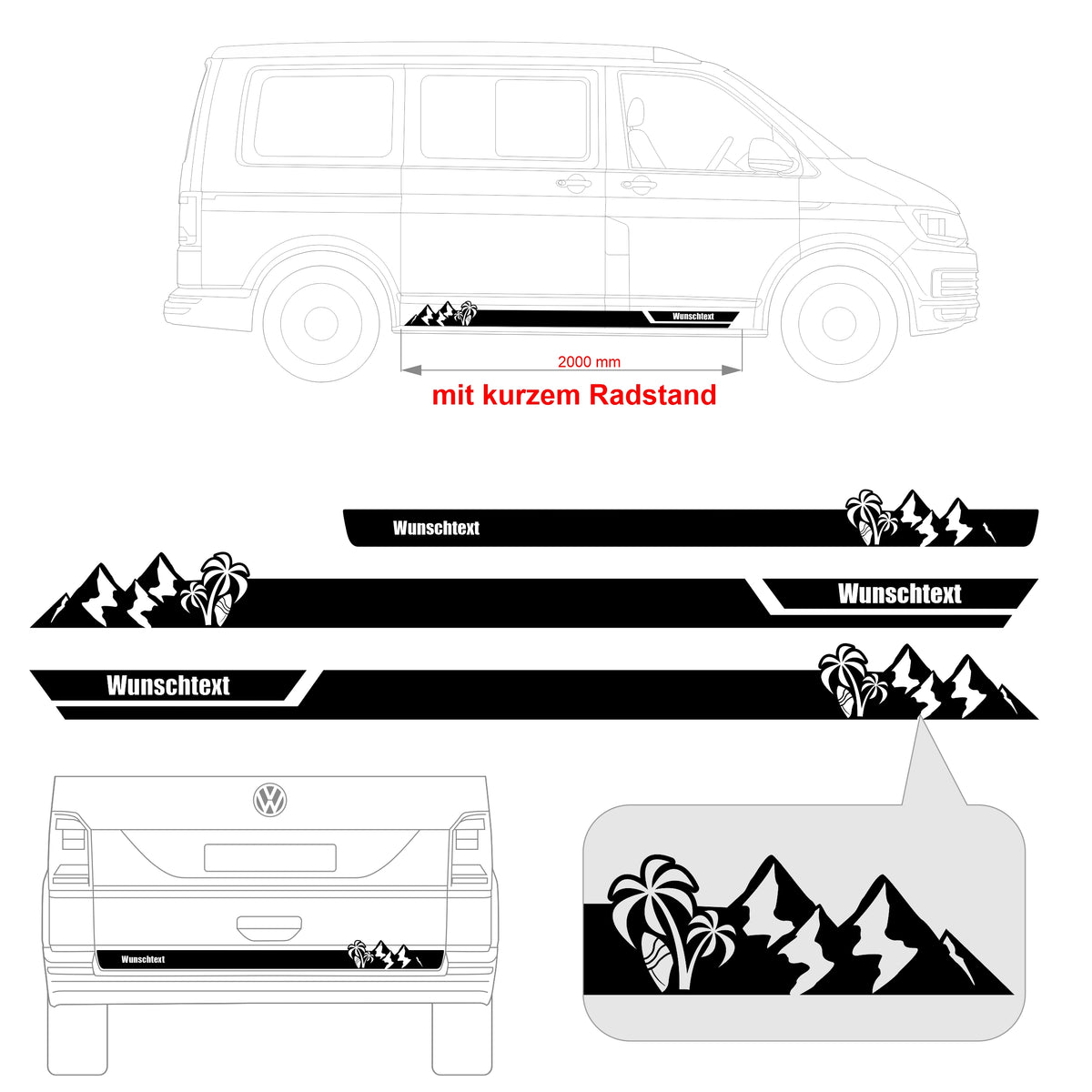 Seitenstreifen Aufkleber Berge-Palme-Surfbrett passend für VW T6.1, T6, T5, Multivan, Bulli, Transporter - mit WUNSCHTEXT - FOTOFOL