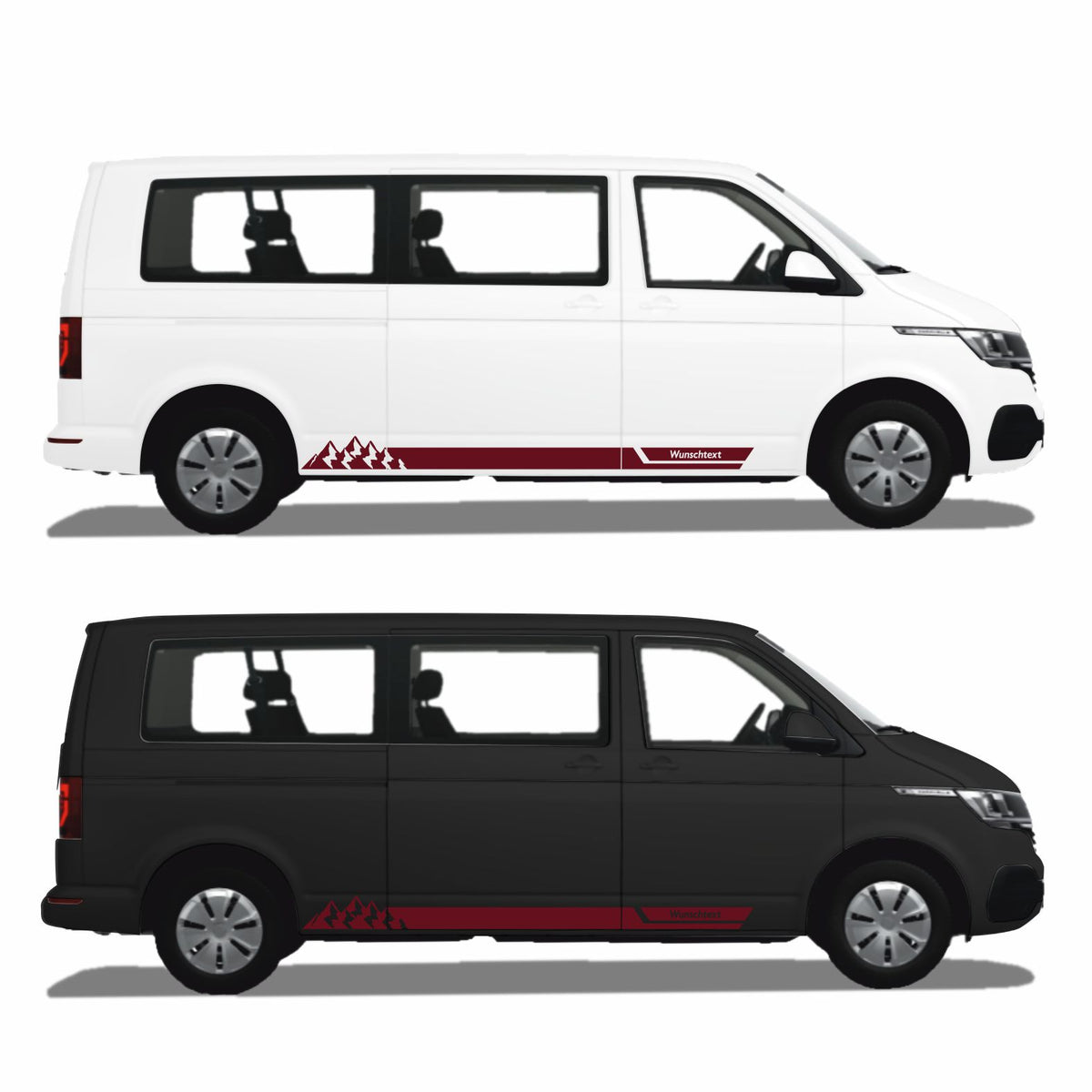 Seitenstreifen Aufkleber mit "Berge" Motiv passend für VW T6.1, T6, T5, Multivan, Bulli, Transporter - WUNSCHTEXT - FOTOFOL