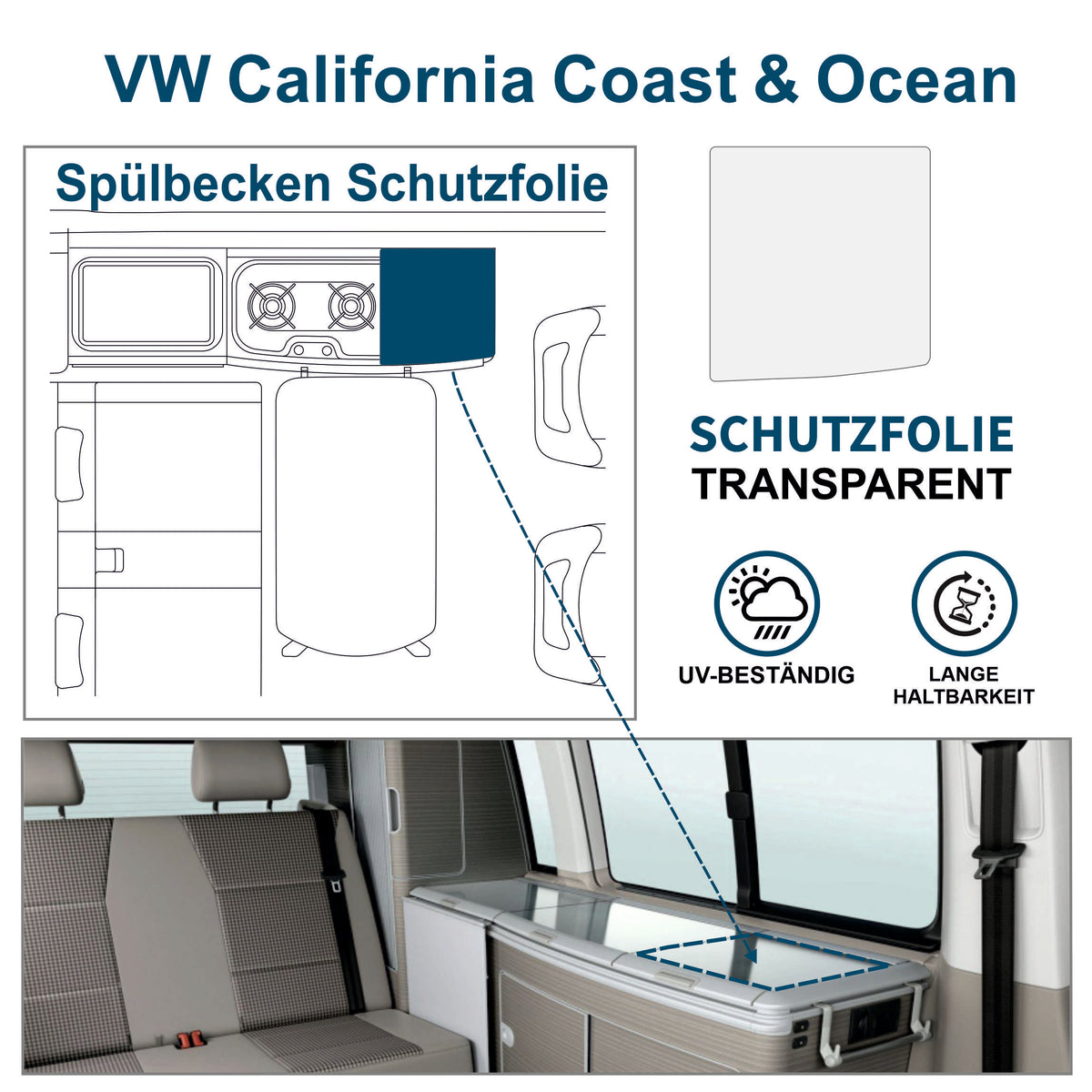 Schutzfolie Auto transparent - passend für VW T6.1 oder T6 California  Deckel Kühlschrank Kochfeld  Spülbecken California Coast Ocean Bulli - FOTOFOL