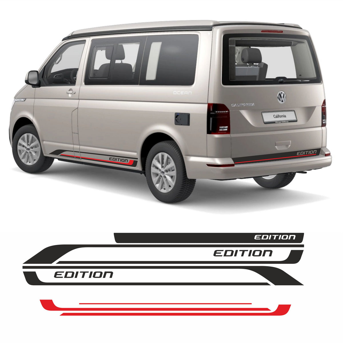 Seitenstreifen Aufkleber passend für VW T6 T5 T6.1 Edition (Schwarz/Rot) mit Wunschtext - FOTOFOL