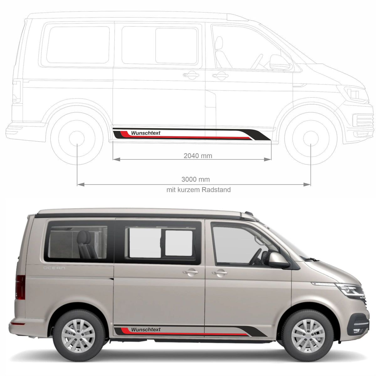 Seitenstreifen Aufkleber passend für VW T6 T5 T6.1 Edition (Schwarz/Rot) mit Wunschtext - FOTOFOL
