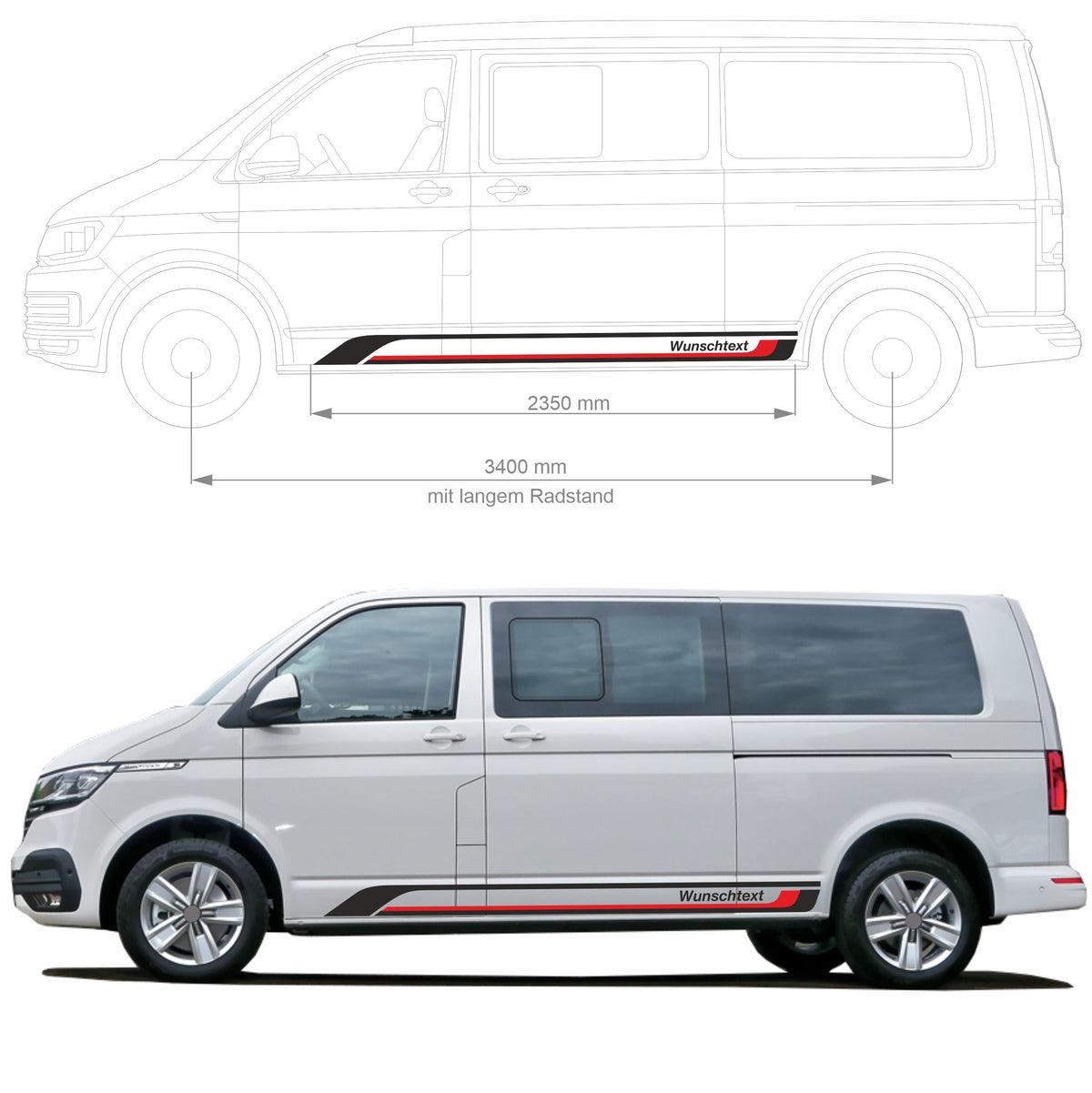 Seitenstreifen Aufkleber passend für VW T6 T5 T6.1 Edition (Schwarz/Rot) mit Wunschtext - FOTOFOL