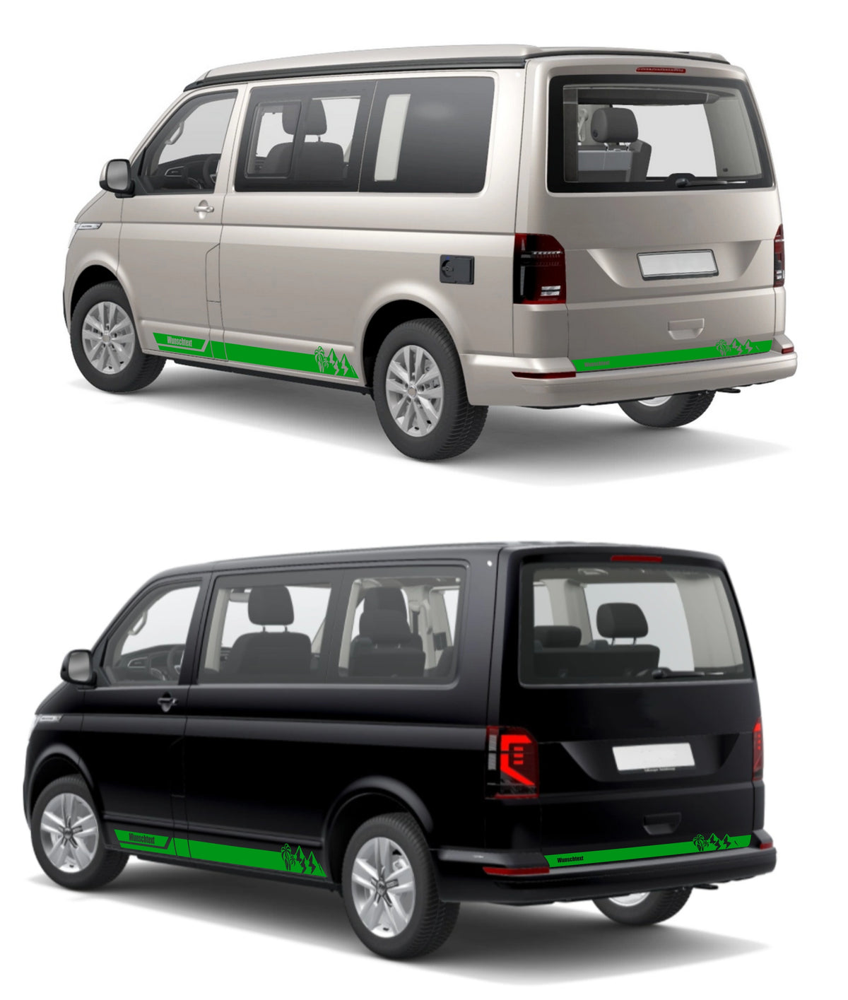 Seitenstreifen Aufkleber Berge-Palme-Surfbrett passend für VW T6.1, T6, T5, Multivan, Bulli, Transporter - mit WUNSCHTEXT - FOTOFOL