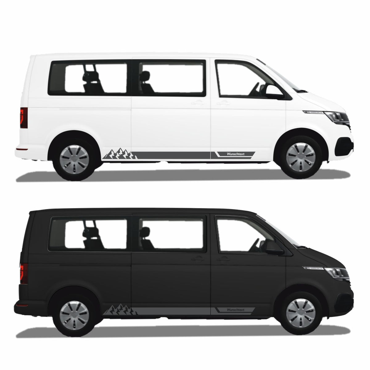 Seitenstreifen Aufkleber mit "Berge" Motiv passend für VW T6.1, T6, T5, Multivan, Bulli, Transporter - WUNSCHTEXT - FOTOFOL