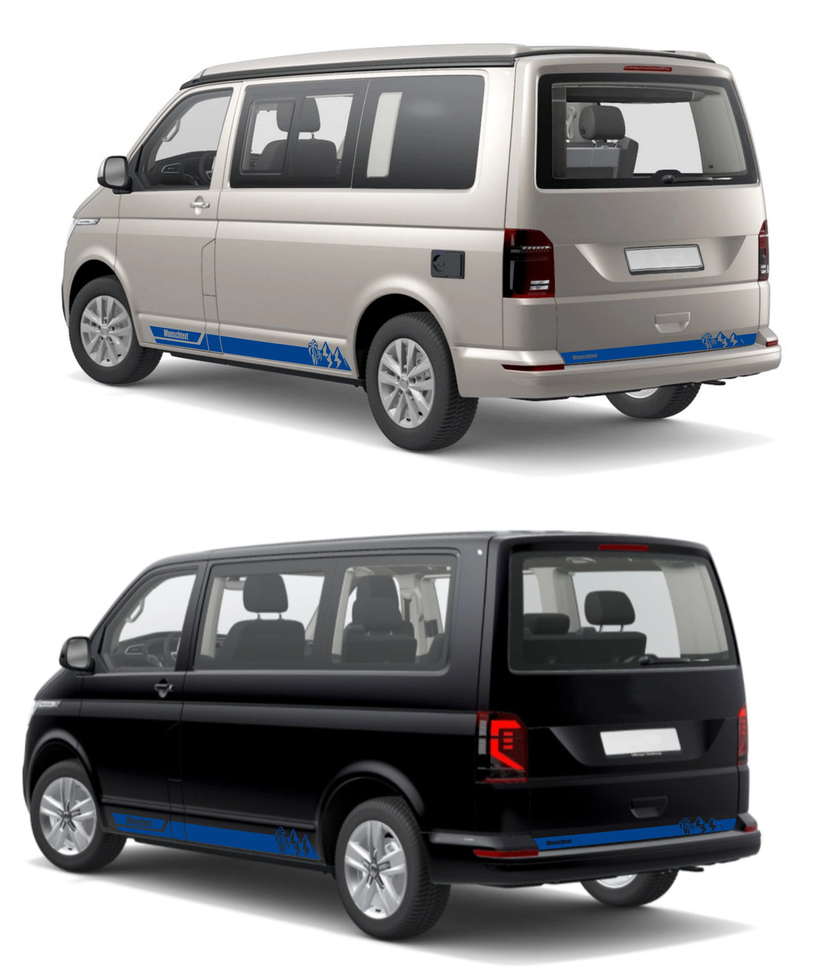 Seitenstreifen Aufkleber Berge-Palme-Surfbrett passend für VW T6.1, T6, T5, Multivan, Bulli, Transporter - mit WUNSCHTEXT - FOTOFOL