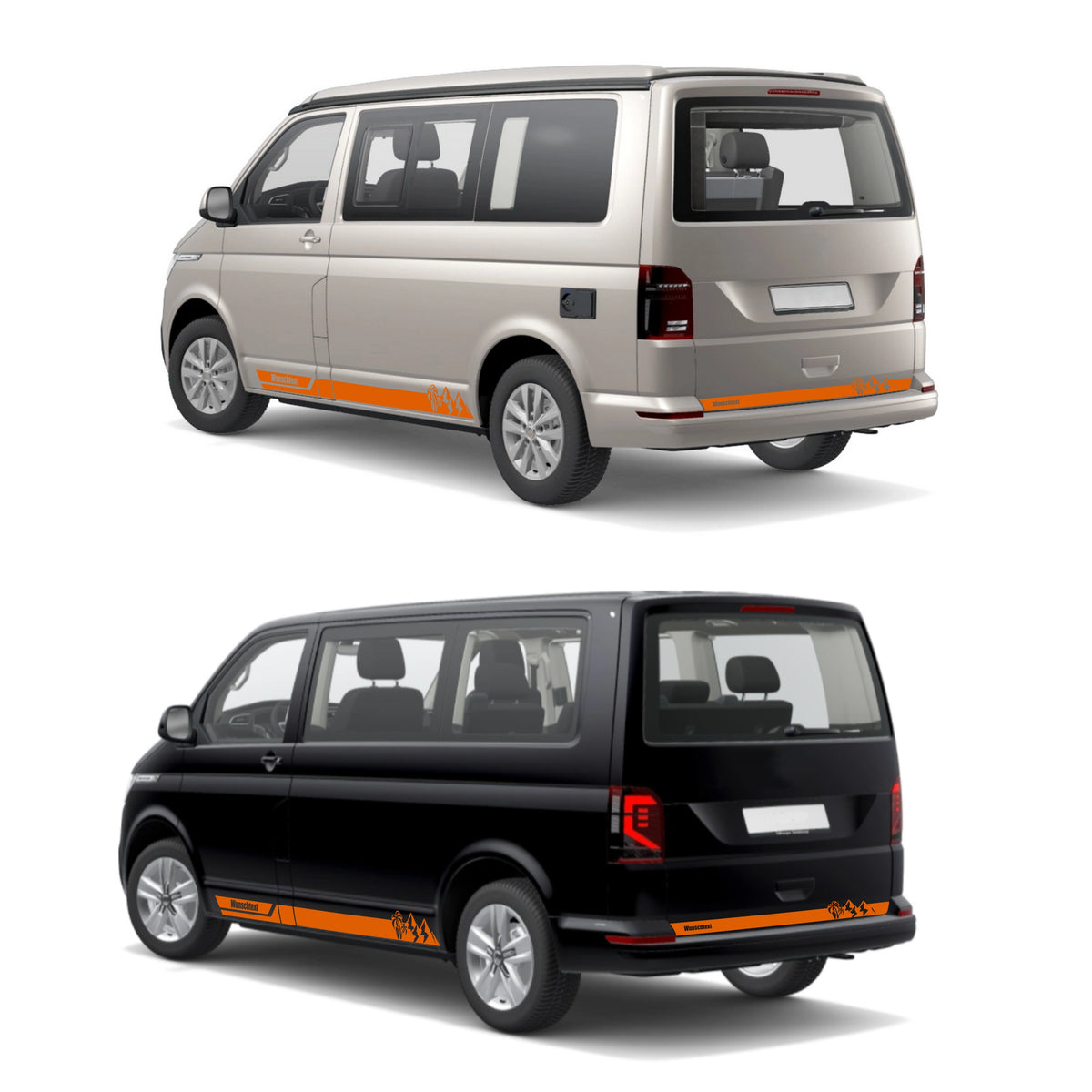 Seitenstreifen Aufkleber Berge-Palme-Surfbrett passend für VW T6.1, T6, T5, Multivan, Bulli, Transporter - mit WUNSCHTEXT - FOTOFOL